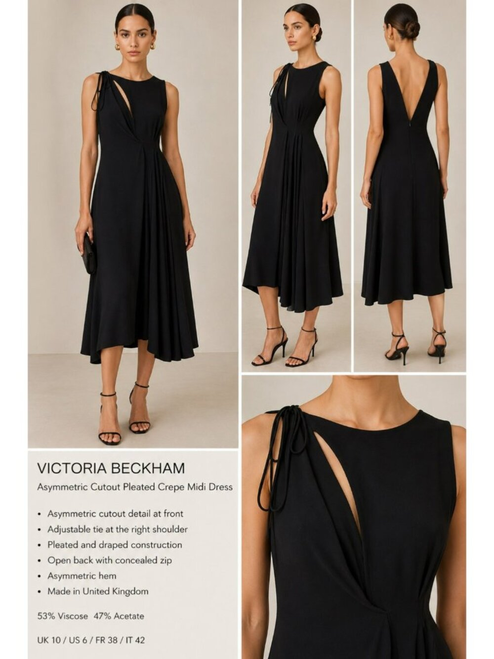 Victoria Beckham Black Draped Cutout Midi Dress US 6 Made in UK